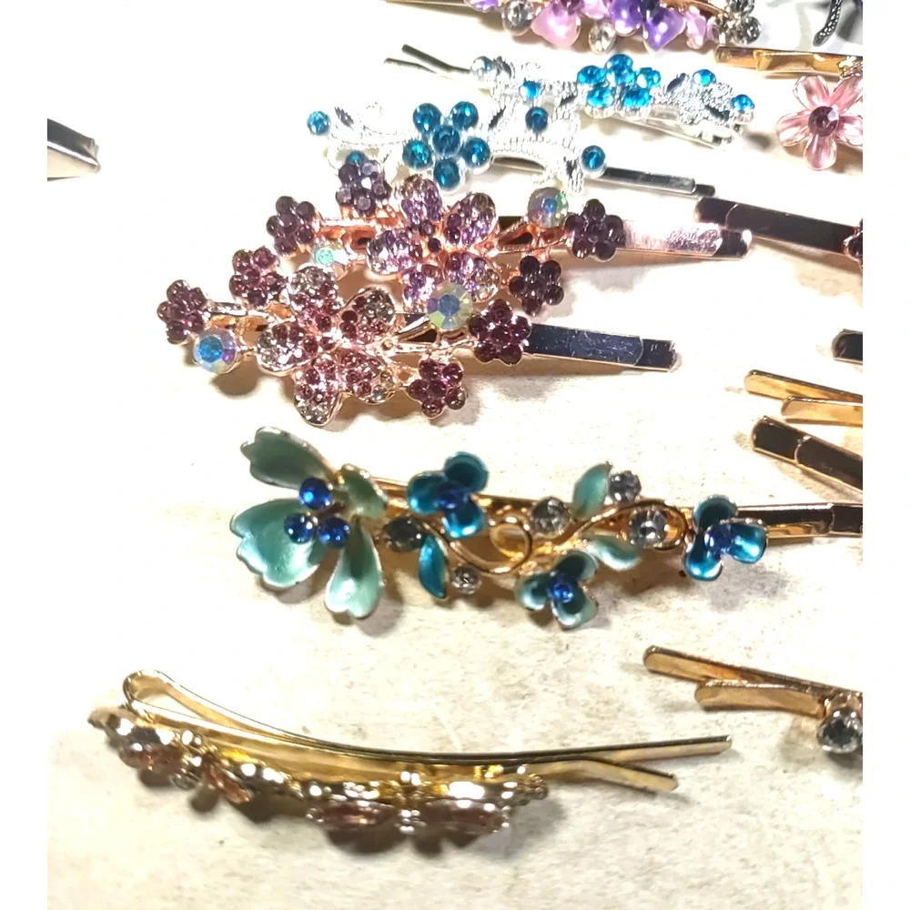 Lot Of 15 Fancy Bobby Pin Hair Barrettes Colorful Rhinestone